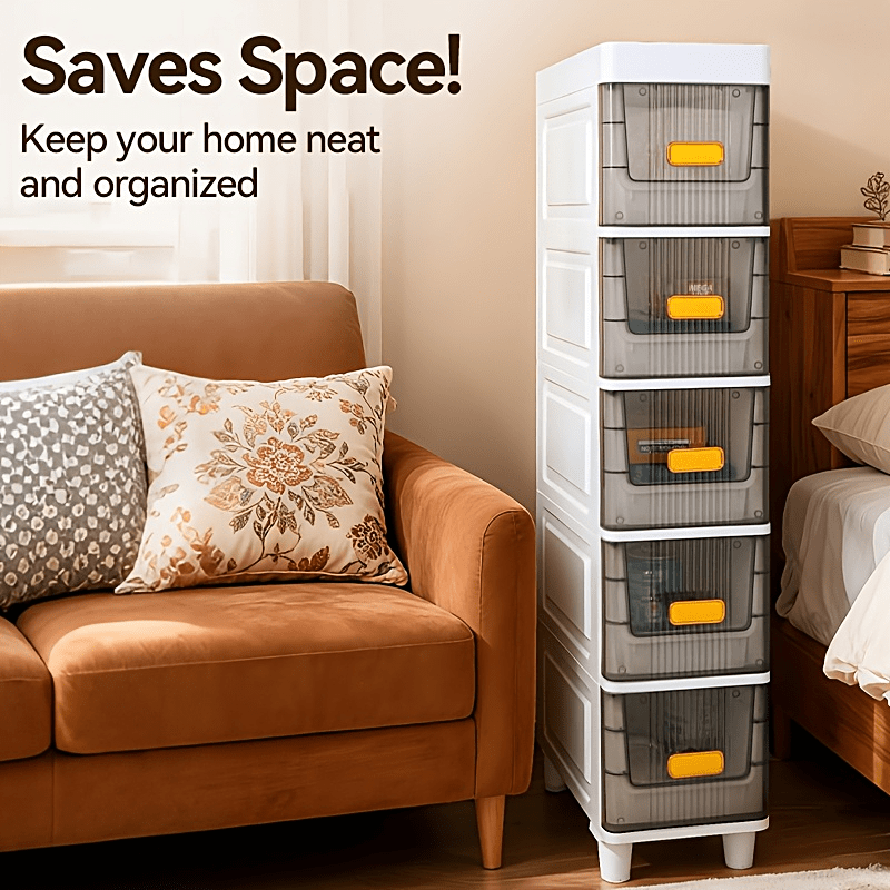 Slim Storage Cabinet with Drawers 3 4 5 6 Tier, Waterproof PP Plastic Drawer Organizer Unit for Bathroom Kitchen Bedroom, Narrow Rolling Storage Cart with Wheels for Small Spaces