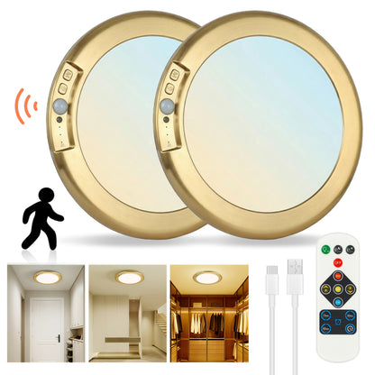 Rechargeable LED Ceiling Light with Motion Sensor & Remote Control – Battery Operated, 3 Color Temps (3000K/4500K/6500K), 10 Brightness Levels, Dimmable Closet Light for Bathroom, Hallway, Pantry & Porch – White, Black & Gold