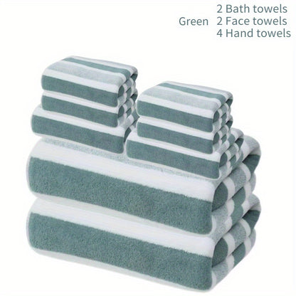 Bath Towel Set 8 Piece - Super Absorbent Soft Two-Color Striped Bathroom Towels, 2 Bath Towels 2 Face Towels 4 Hand Towels, No Hair Loss, Grey Red Blue Green