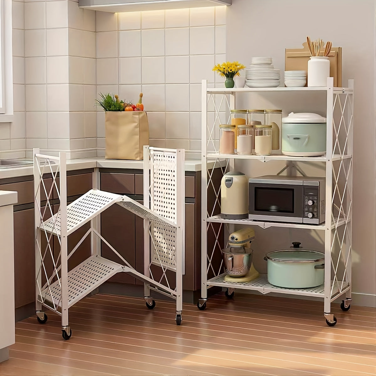 Portable Storage Rack with Lockable Wheels, 3 or 4 Tier Foldable Shelving Unit, Carbon Steel Floor Standing Shelf for Bedroom Bathroom Balcony Garden, No Assembly Required, Space Saving Rolling Organizer