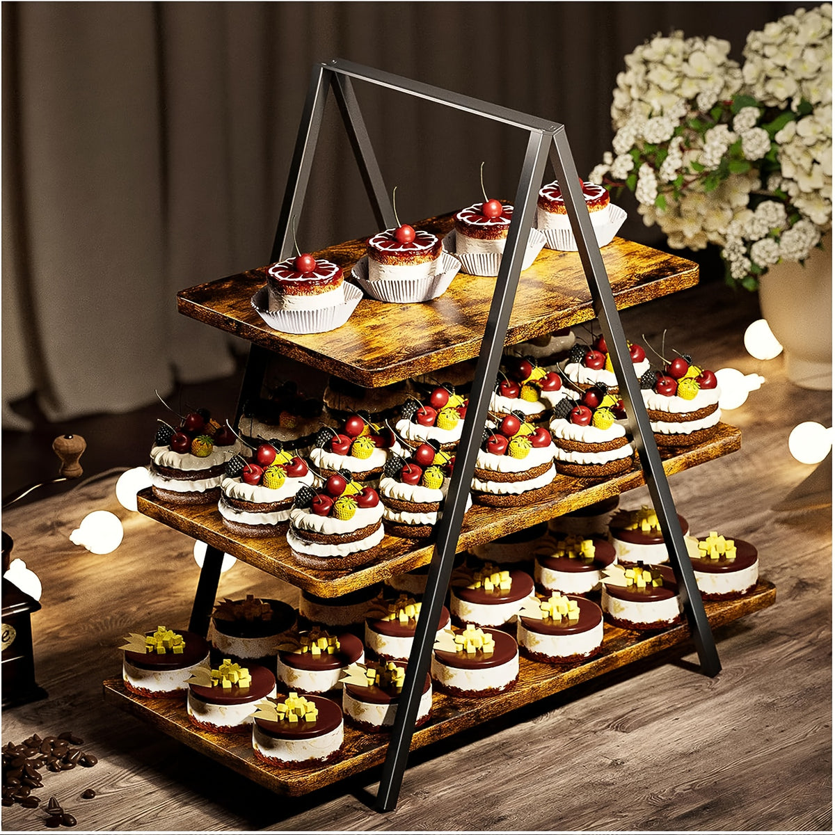 3-Tier Wooden Cupcake Display Stand | Dessert Tower for Parties, Weddings & Events | Holds 50 Cupcakes, Vintage Style Cake Stand, Black, White & Brown