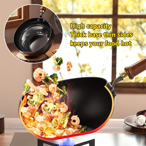 Japanese Wok Large Bellied Non Stick Cookware with Heat Resistant Handle, Fits Gas & Induction Stoves, Pressure Cooker for Soups & Stewing, Chafing Dish Alternative, Kitchen Camping Gadget
