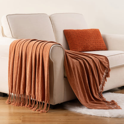 Boho Chenille Throw Blanket with Fringe 50x60 Inch – Soft Velvety Decorative Fringe Throw for Sofa Couch Bed Living Room Home Decor 17 Colors Cozy Gift for Women