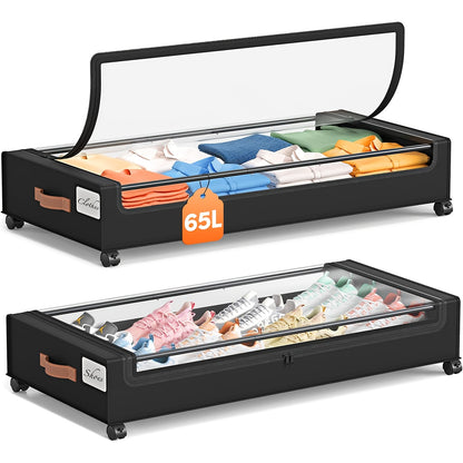Under Bed Storage Bins with Wheels 2 Pack, Rolling Underbed Storage Box with Metal Drawer, Bed Storage Organizer for Clothes Blankets Shoes Books Bedding, Under Bed Storage Containers with Lid