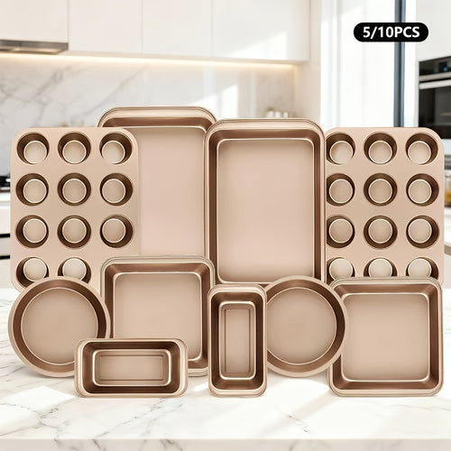 Stackable Nonstick Bakeware Set 5 or 10 Piece – Space-Saving Design with Round & Square Pans Waffle Tray Cookie Sheet Baking Pan, Dishwasher Safe Kitchen Baking Set