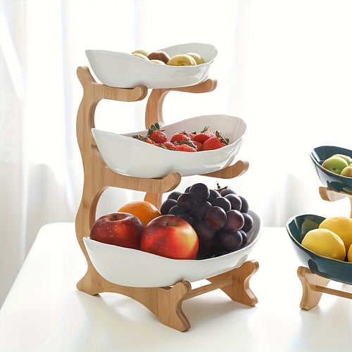 Tiered Wooden Fruit Stand 2 & 3 Layer Countertop Bowl – Natural Wood Farmhouse Fruit Basket, Candy & Snack Display Tray for Kitchen & Living Room, Space-Saving Easy Assembly, White & Green
