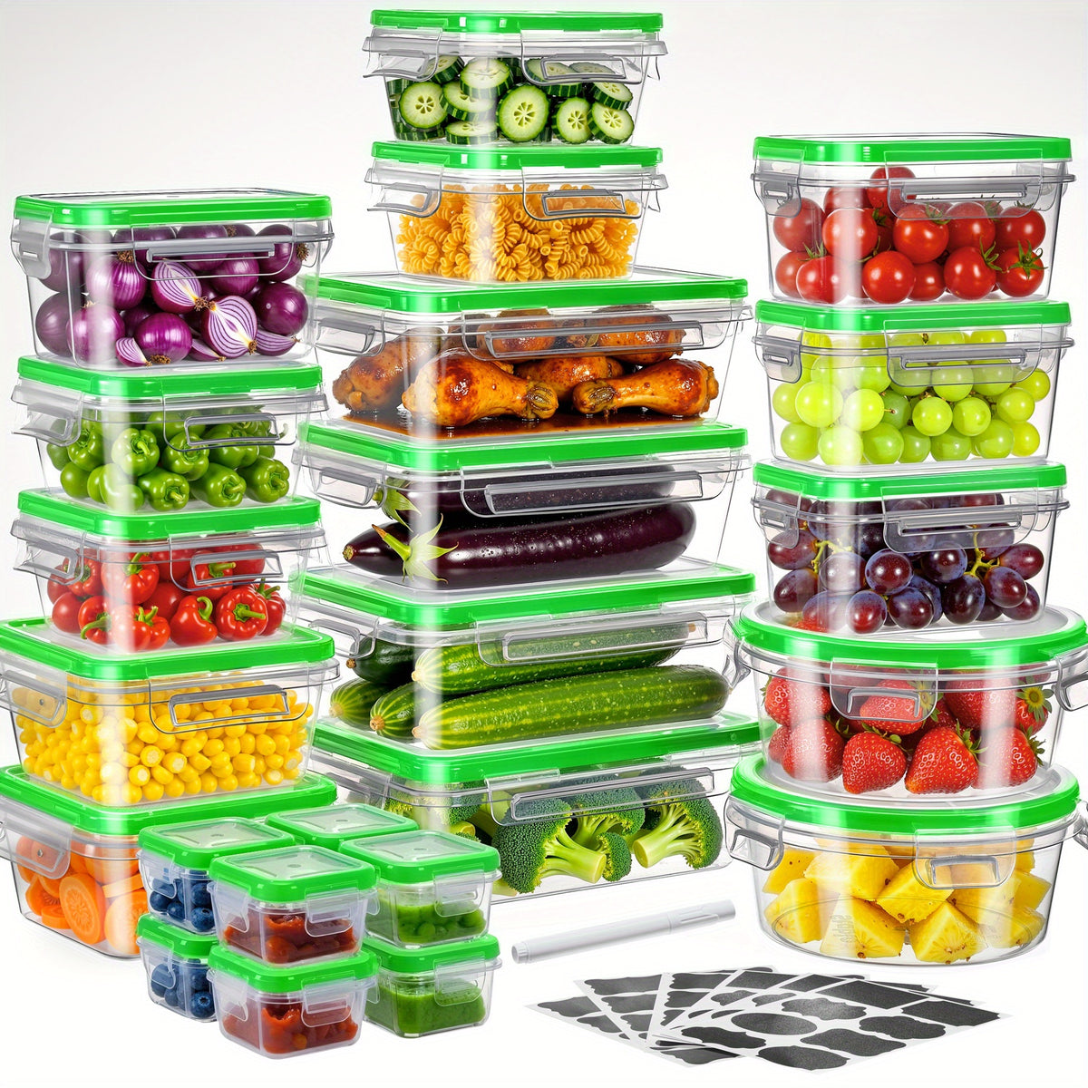 Food Storage Container Set 48 Piece – Airtight Leak-Proof BPA-Free Stackable Plastic Containers with Lids, 8 Sizes Microwave Freezer Dishwasher Safe, Kitchen Pantry Meal Prep Organizer with Labels & Marker