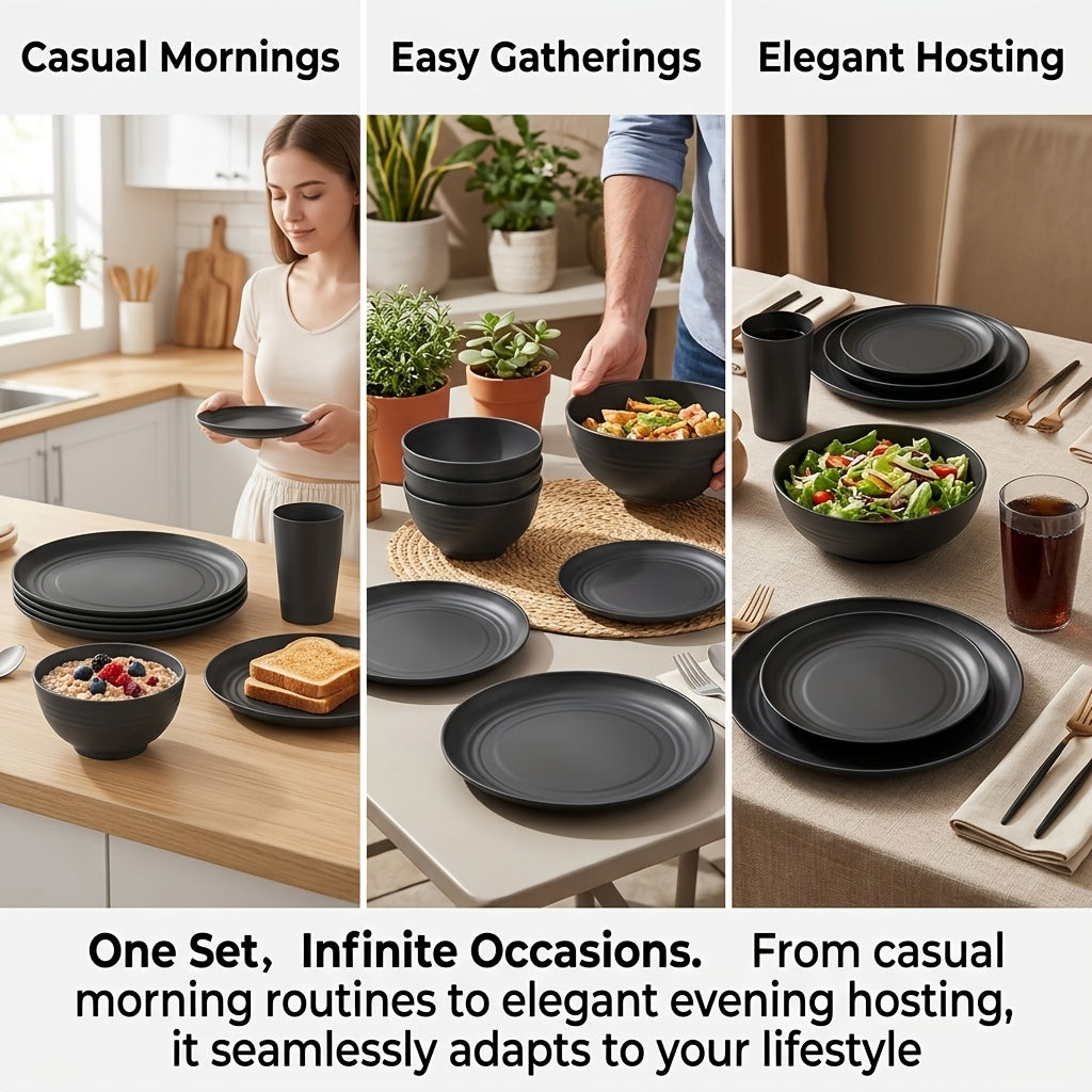 Wheat Straw Dinnerware Set 16/32 Piece, Unbreakable Plastic Plates Bowls Cups for Camping Outdoor Picnic, BPA-Free Lightweight Tableware for 4/8 People, Dishwasher Safe Kitchen Dining Set Black Colorful