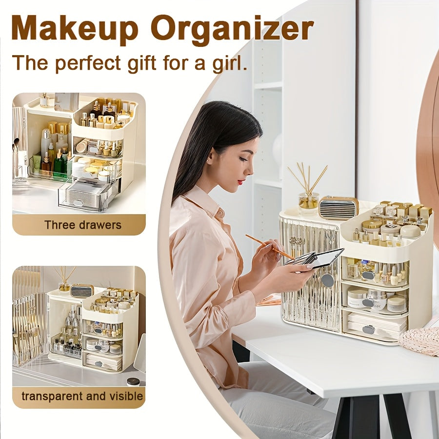 Makeup Storage Box with 3 Drawers & Mirror, High-Capacity Cosmetic Organizer Cabinet for Bathroom Vanity, Contact Lens Display Case Skincare Storage Box for Home Bathroom, Beige