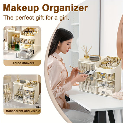 Makeup Storage Box with 3 Drawers & Mirror, High-Capacity Cosmetic Organizer Cabinet for Bathroom Vanity, Contact Lens Display Case Skincare Storage Box for Home Bathroom, Beige