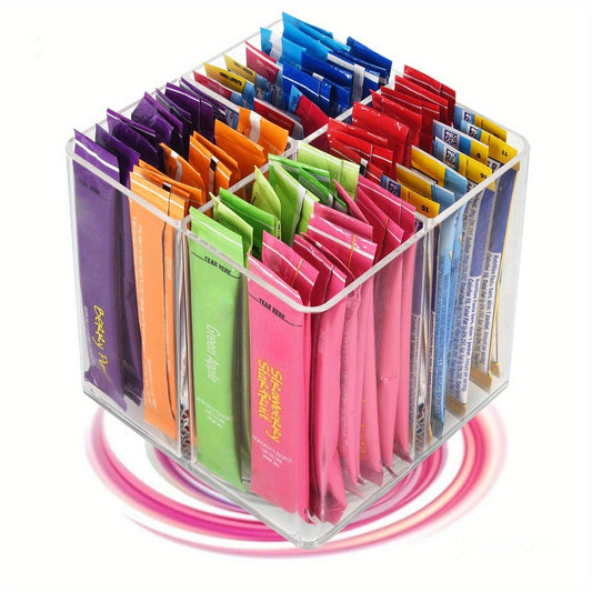 Rotating Drink Mix Organizer Rack Square Spinning Storage Holder for Powdered Beverage Packets Water Flavor Pouches Coffee Packets Tea Bags - Countertop Kitchen Organization 4.5 Inch