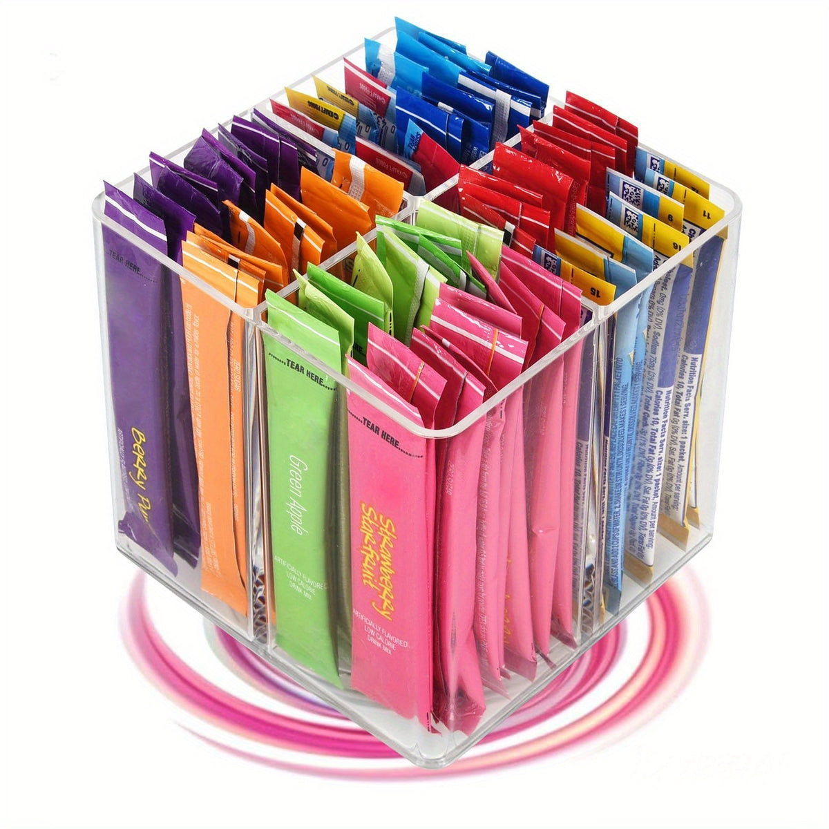 Rotating Drink Mix Organizer Rack Square Spinning Storage Holder for Powdered Beverage Packets Water Flavor Pouches Coffee Packets Tea Bags - Countertop Kitchen Organization 4.5 Inch