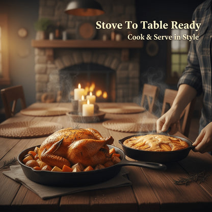 Cast Iron Cookware Set for Kitchen & Camping, Non-Stick Skillets Dutch Oven Griddle & Pizza Pan, Works on Induction & Open Fire, Even Heat Distribution, 500°F Oven Safe, BBQ & Outdoor Cooking