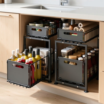 Under Sink Organizer 2-Tier Pull Out Cabinet Shelf with Adjustable Height, Sturdy Carbon Steel Under Sink Storage Rack for Kitchen Bathroom Pantry Cabinet Organization, Space Saving Sliding Drawer