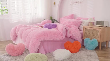 Fluffy Duvet Cover Set 4 Piece Queen King, Soft Plush Comforter Cover with 2 Pillow Shams All Season Cozy Bedding Set No Insert, in Purple Red Pink Gray Yellow Blue Beige Black