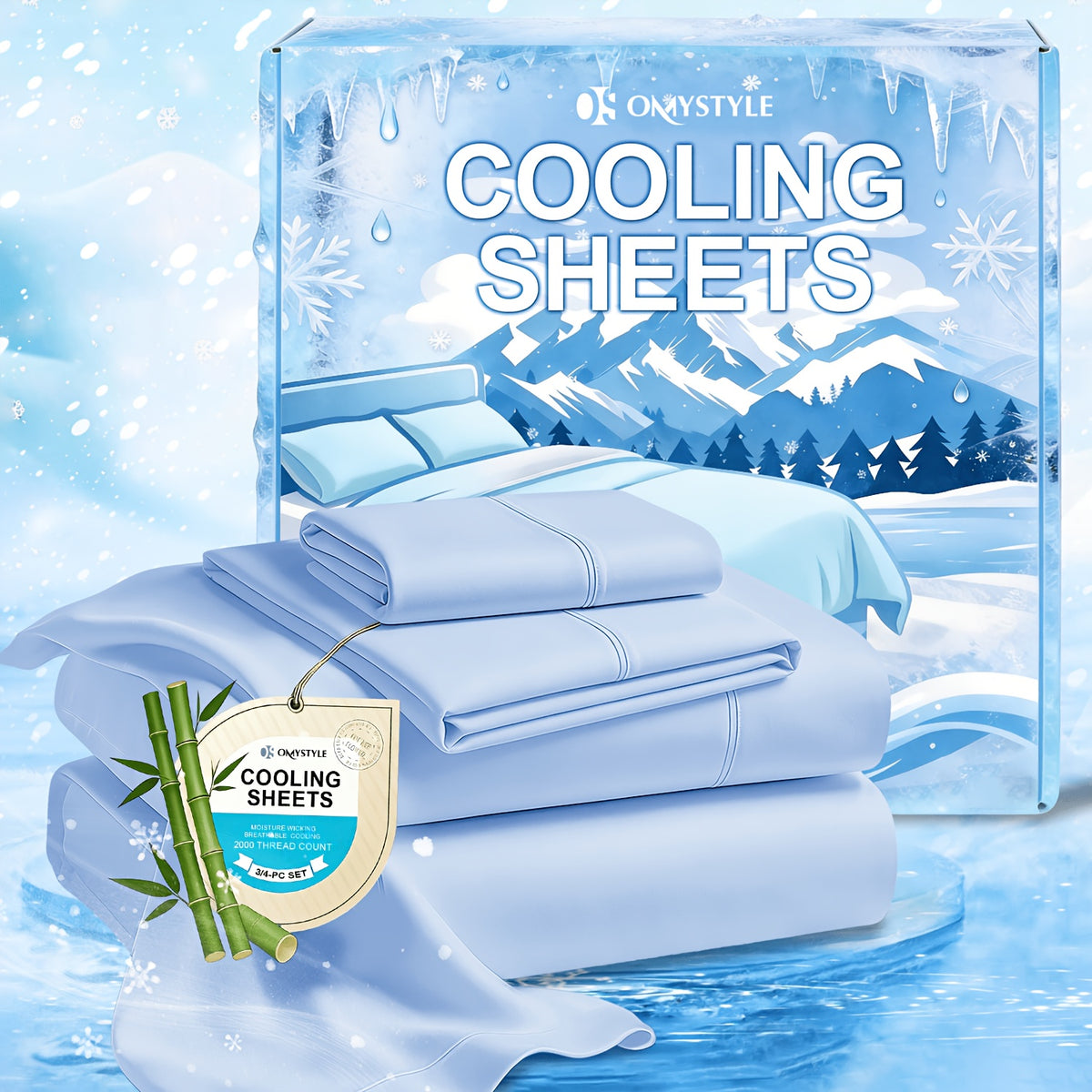 Ice-Cooling Bamboo Sheets Set Deep Pocket - Ultra Soft Breathable Skin-Friendly Fitted Sheet Flat Sheet & Pillowcases, Wrinkle-Free, All Season, Kids & Hot Sleepers, Twin Full Queen King