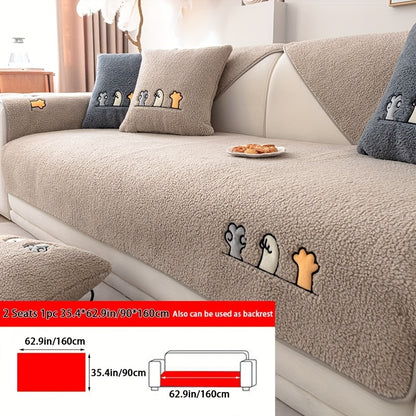 Sofa Cover Plush Shearling Non-Slip Pet-Friendly – Thick Couch Protector with Animal Bone Embroidery for 2 3 4 Seater, Soft Warm Slipcover for Living Room Bedroom Office in Dark Gray Off White Coffee Black