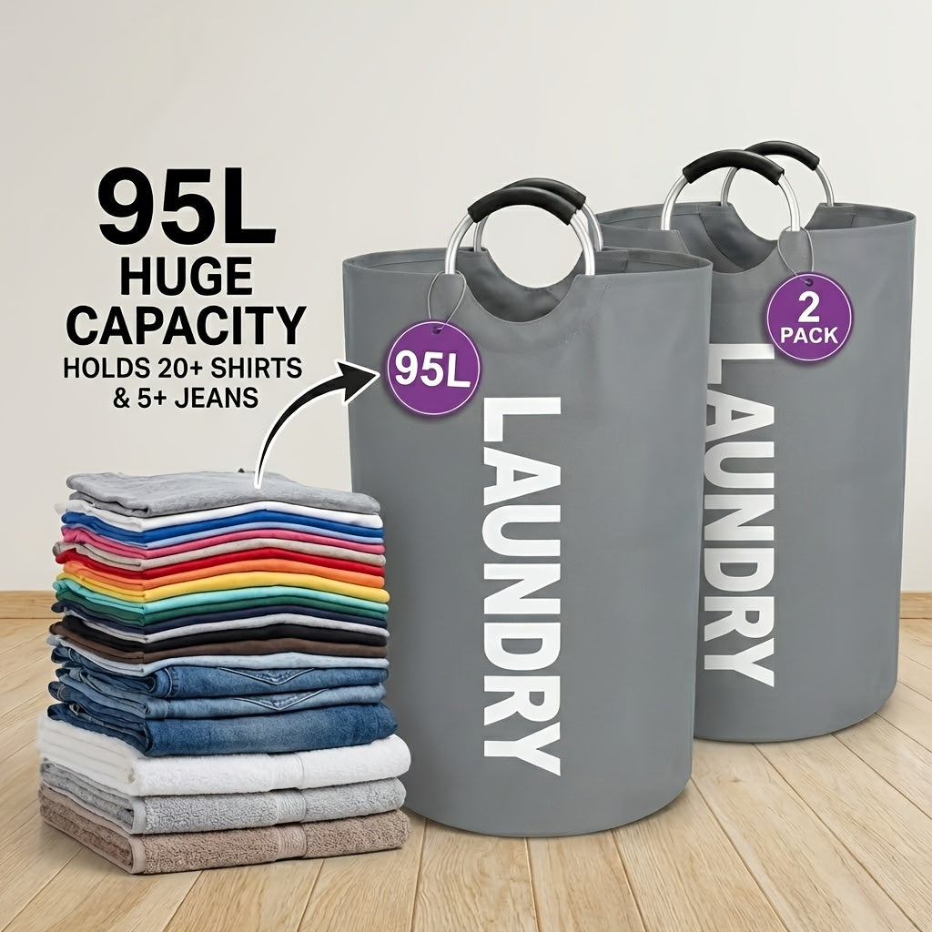 Extra Large Foldable Laundry Basket Set 95L/25 Gal – 2-Pack Thickened Waterproof Oxford Cloth Tall Storage Baskets for Bedroom, Bathroom, Dorm & Closet Organization, Multiple Colors