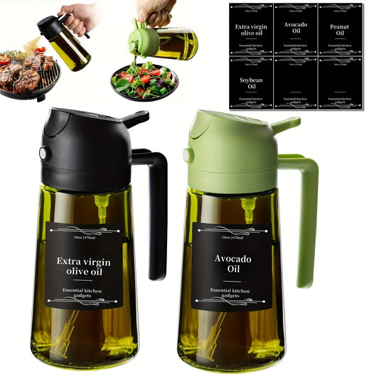 Glass Olive Oil Dispenser Bottle 2 Pack 16oz, 2-in-1 Oil Bottle and Cooking Oil Sprayer for Kitchen BBQ Salad, Premium Dark Green Black Glass Oil Dispenser with 6 Labels