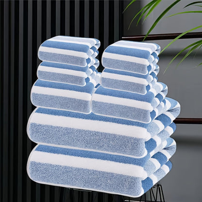 Bath Towel Set 8 Piece - Super Absorbent Soft Two-Color Striped Bathroom Towels, 2 Bath Towels 2 Face Towels 4 Hand Towels, No Hair Loss, Grey Red Blue Green