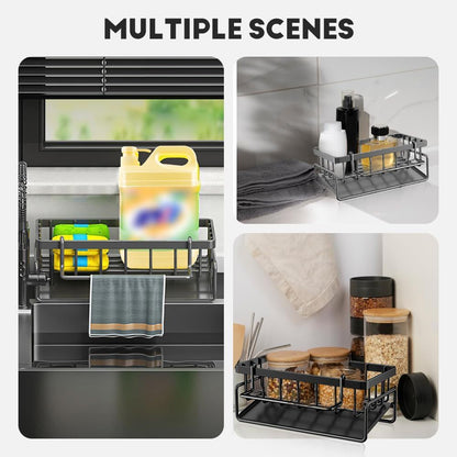 Sink Sponge Holder Drain Rack with Dishcloth Holder & Soap Dispenser Caddy, Kitchen Sink Organizer for Sponge Brush Mop Scrubber, Black Plastic Countertop Storage Rack