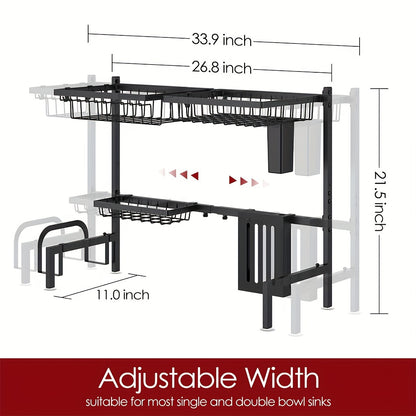 Over Sink Dish Drying Rack 2 Tier Expandable - 304 Stainless Steel Kitchen Dish Rack with Drainage Tray Utensil Holder Knife Holder Cutting Board Holder, Adjustable 30-34 Inch Black
