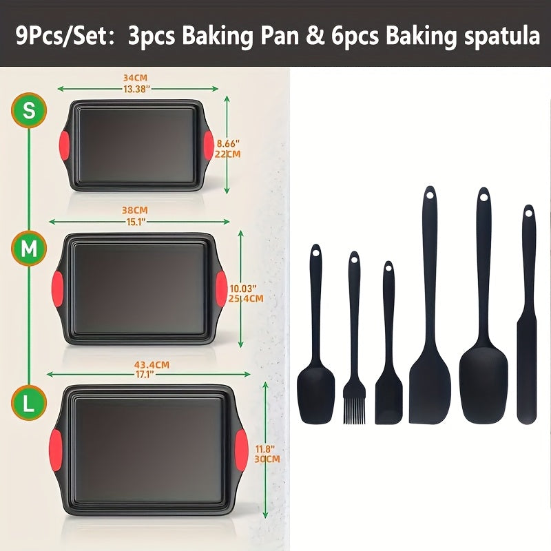 Nonstick Baking Pan Set 3 or 9 Piece – Carbon Steel Sheet Pans Oven Safe with Red Silicone Handles for Home Baking