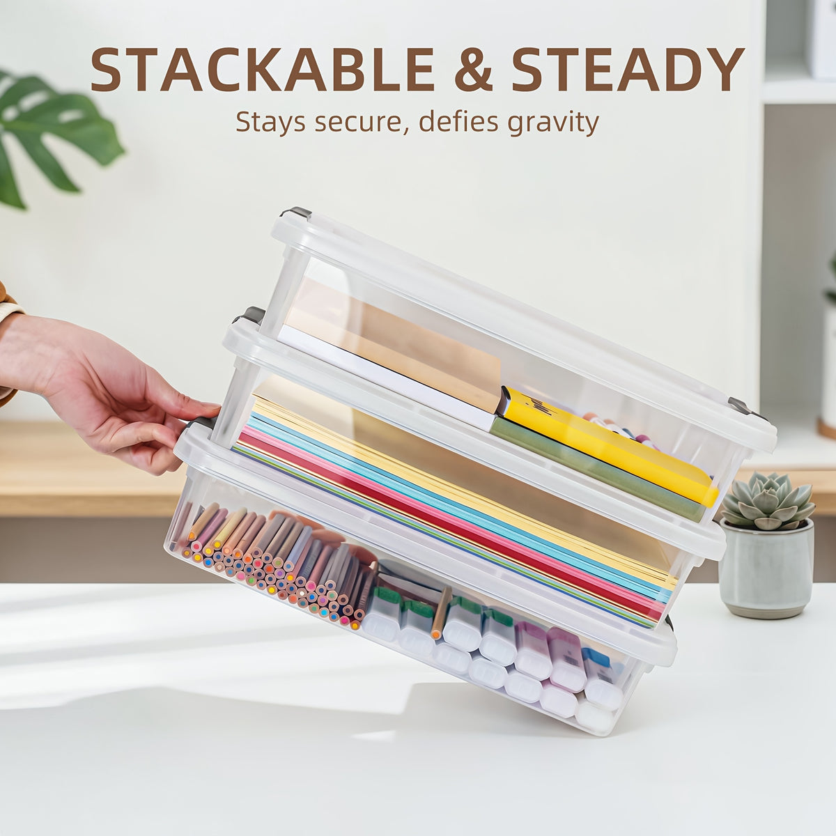 Stackable Storage Boxes with Lids Clear Plastic 5-Pack Waterproof Clip-On Organizer for Craft Supplies Beads Sewing Art Office Home