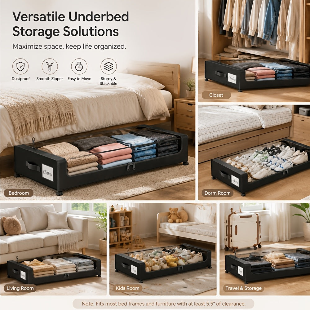 XXL Under Bed Storage Containers with Wheels & Clear Lids – 2-Pack 17.17 Gal Rolling Underbed Drawers for Shoes, Clothes, Comforters & Bedding, Space-Saving Pull-Out Bins for Dorm & Bedroom, Black & Grey