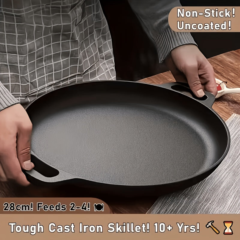 Cast Iron Skillet 11 Inch Pre-Seasoned Round Grill Pan with Dual Loop Handles, Even Heating for Oven Stovetop Grill Campfire, Pizza Pan Cast Iron Cookware for Indoor Outdoor Cooking