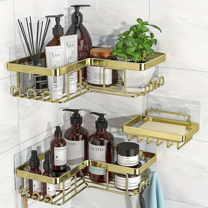 Corner Adhesive Shower Caddy 3 Pack – No Drill Wall Mounted Shower Organizer with Soap Holder & 12 Hooks, Rustproof Stainless Steel Bathroom Shelf, 8 Colors