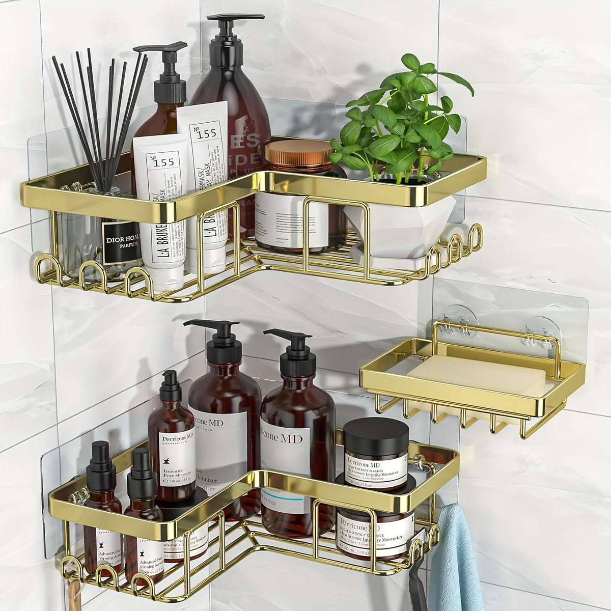 Corner Adhesive Shower Caddy 3 Pack – No Drill Wall Mounted Shower Organizer with Soap Holder & 12 Hooks, Rustproof Stainless Steel Bathroom Shelf, 8 Colors