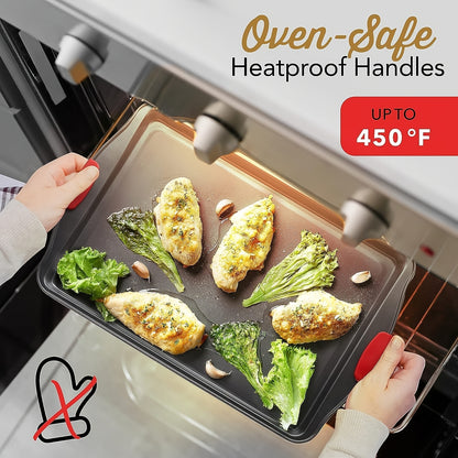 Carbon Steel Non-Stick Baking Pan Set Oven Safe Double-Sided Non-Stick Coating Red Silicone Handle – Commercial Grade Toaster Oven Pan Professional Kitchenware for Baking Roasting Gray