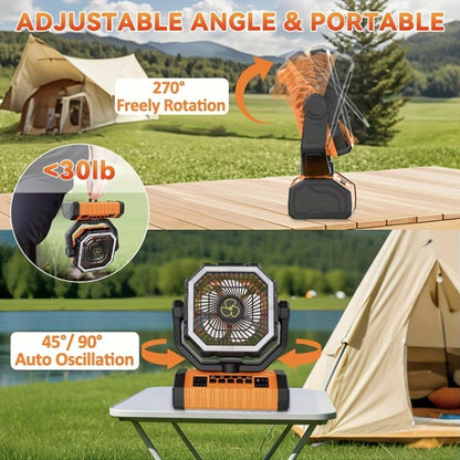 20000mAh Camping Fan with Built-In LED Light – USB Rechargeable Portable Outdoor Cooling Fan, Rugged Sturdy Handle for Tent Hiking Fishing, Compact Design, Green & Orange