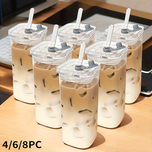 Square Glass Cups with Lids 13oz – BPA-Free Glass Drinking Cups Set with Straws & Cleaning Brush for Coffee, Juice & Cold Drinks, Perfect for Home, Office & Outdoor Use – 6 or 8 Pack