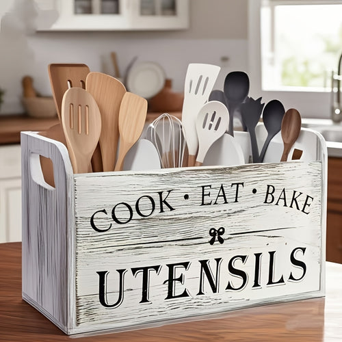 Wooden Utensil Organizer 3-Compartment Rustic Kitchen Caddy, Extra Large Countertop & Wall-Mounted Utensil Holder for Cooking Tools, Heavy-Duty Natural Wood Kitchen Storage Rack