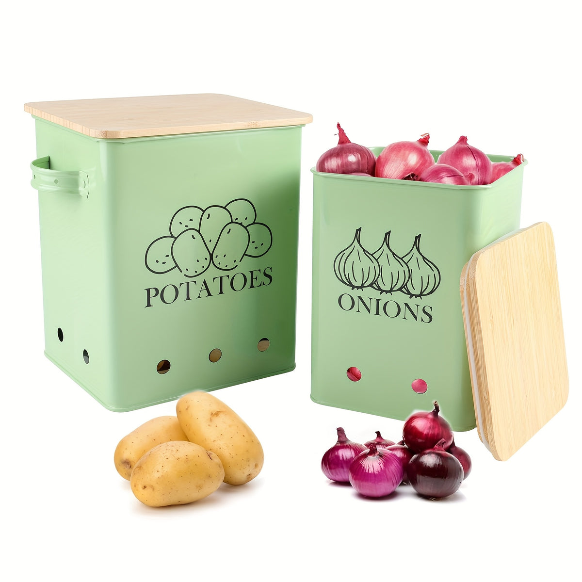 Potato Onion Storage Bin with Wooden Lid & Aerating Holes, Kitchen Vegetable Canister Organizer for Onion Potato Garlic Fruit, Countertop Food Storage Container Black White Green