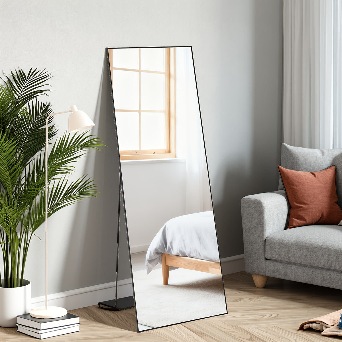 Full Length Mirror Floor Standing – Arched, Angle & Rectangle Full Body Mirror with Thin Steel Frame, Freestanding Leaning or Wall Hanging for Bedroom Bathroom Hotel, Black or Gold