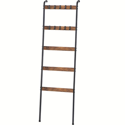 Blanket Ladder 5 Tier Farmhouse Style with 10 Removable Hooks Decorative Wooden Standing Rack for Living Room & Bathroom – Wall Mounted or Freestanding Quilt Towel Throw Storage Holder