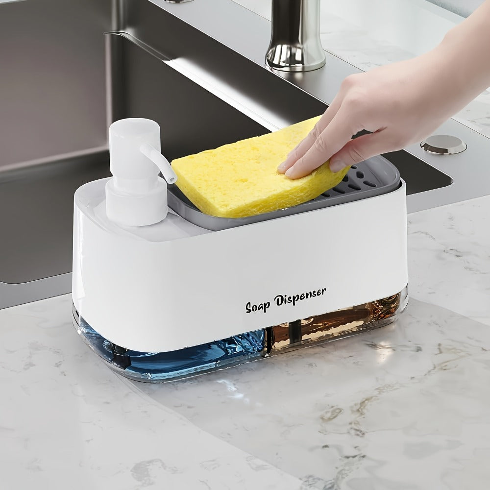 Soap Dispenser with Built-In Sponge Holder, Leak-Proof Battery-Free Pump, Space-Saving Countertop Organizer for Kitchen & Bathroom, Hygienic Hands-Free Design, Durable Rectangular Dispenser