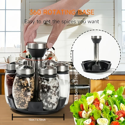 Glass Spice Jar Set with Rotating Stainless Steel Rack – 6 or 12 Piece Food Grade Glass Spice Bottles with 360° Spinning Rack for Kitchen Counter & Cabinet, Pantry Organization