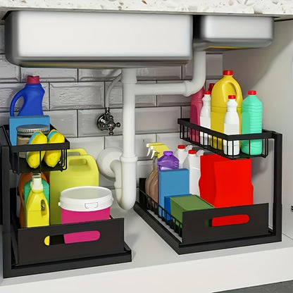 Under Sink Organizer Pull Out 2-Tier – Slide Out Cabinet Shelf for Kitchen & Bathroom, Under Sink Storage with Adjustable Shelves, Black White Grey, 1 or 2 Pack