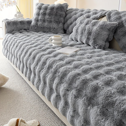 Faux Rabbit Plush Sofa Cover Winter Warm Thickened Anti-Slip Furniture Protector – Soft Pet-Friendly Couch Cover for Living Room Bedroom Office, 4 Colors