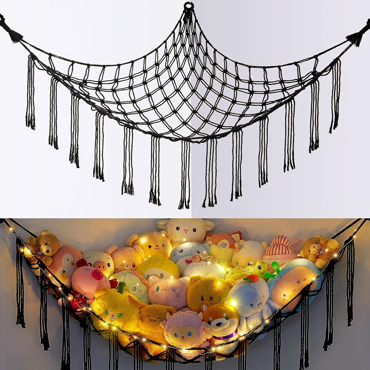 Stuffed Animal Hammock with LED Lights Corner Toy Net Organizer for Kids Bedroom Nursery Plush Toy Storage Hanging Mesh Bag
