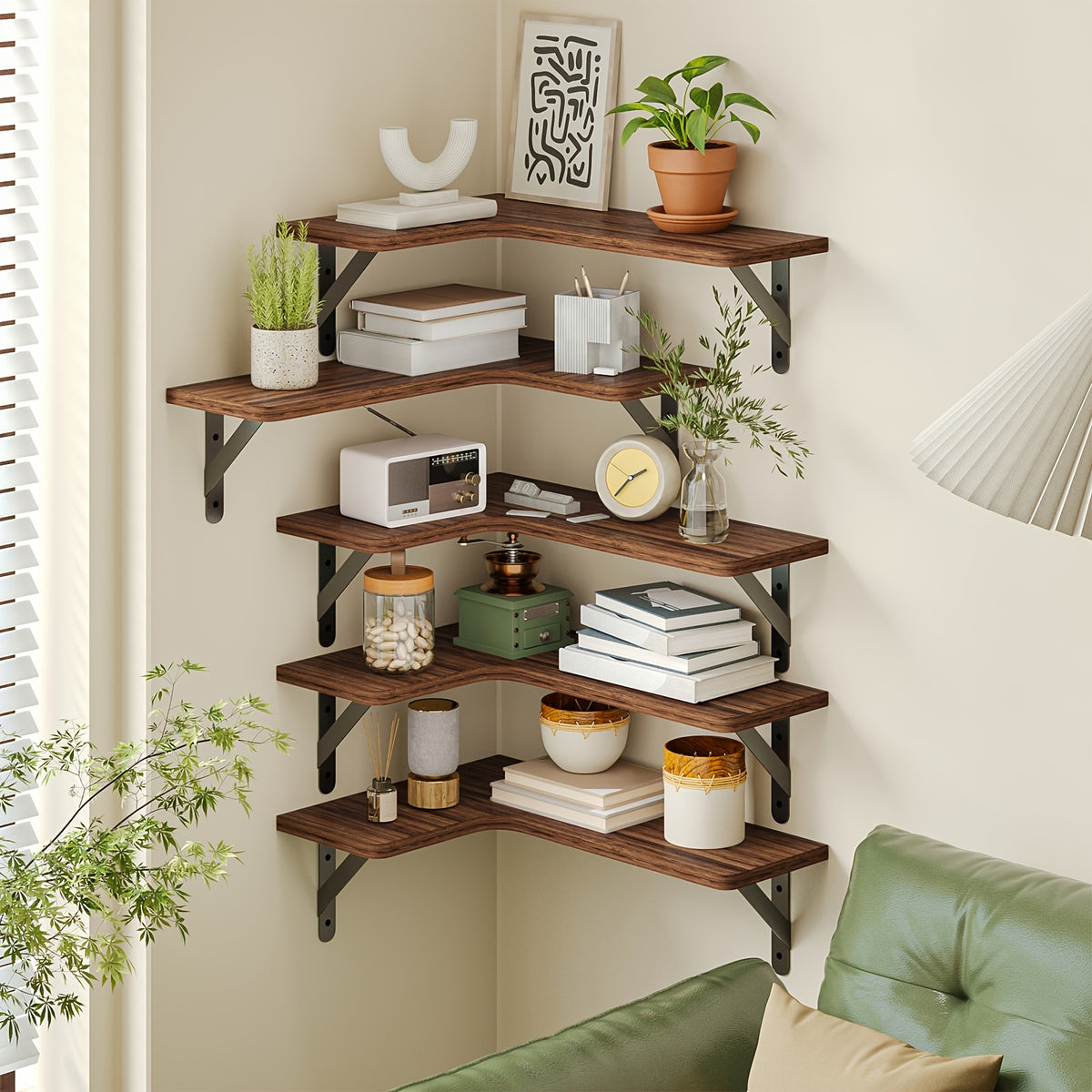 Corner Floating Shelves Rustic Wood 5 or 6 Piece Wall Mounted Heavy Duty Space Saving Storage Shelf for Bathroom Kitchen Bedroom Living Room, Easy Install 8 Colors