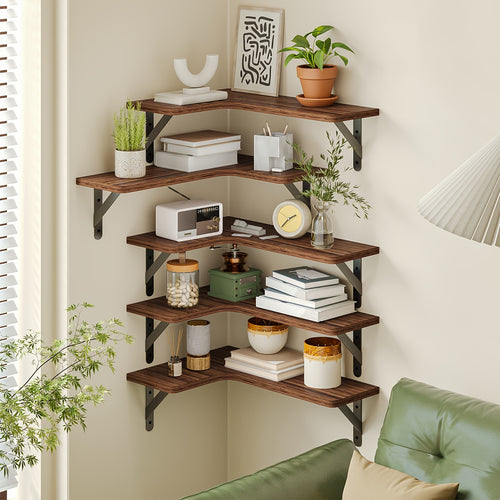 Corner Floating Shelves Rustic Wood 5 or 6 Piece Wall Mounted Heavy Duty Space Saving Storage Shelf for Bathroom Kitchen Bedroom Living Room, Easy Install 8 Colors