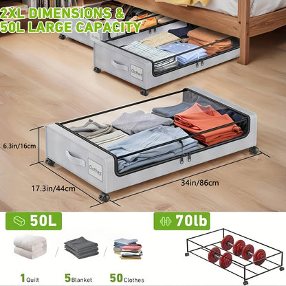 Under Bed Storage Bins with Wheels 2 Pack, Rolling Underbed Storage Box with Metal Drawer, Bed Storage Organizer for Clothes Blankets Shoes Books Bedding, Under Bed Storage Containers with Lid