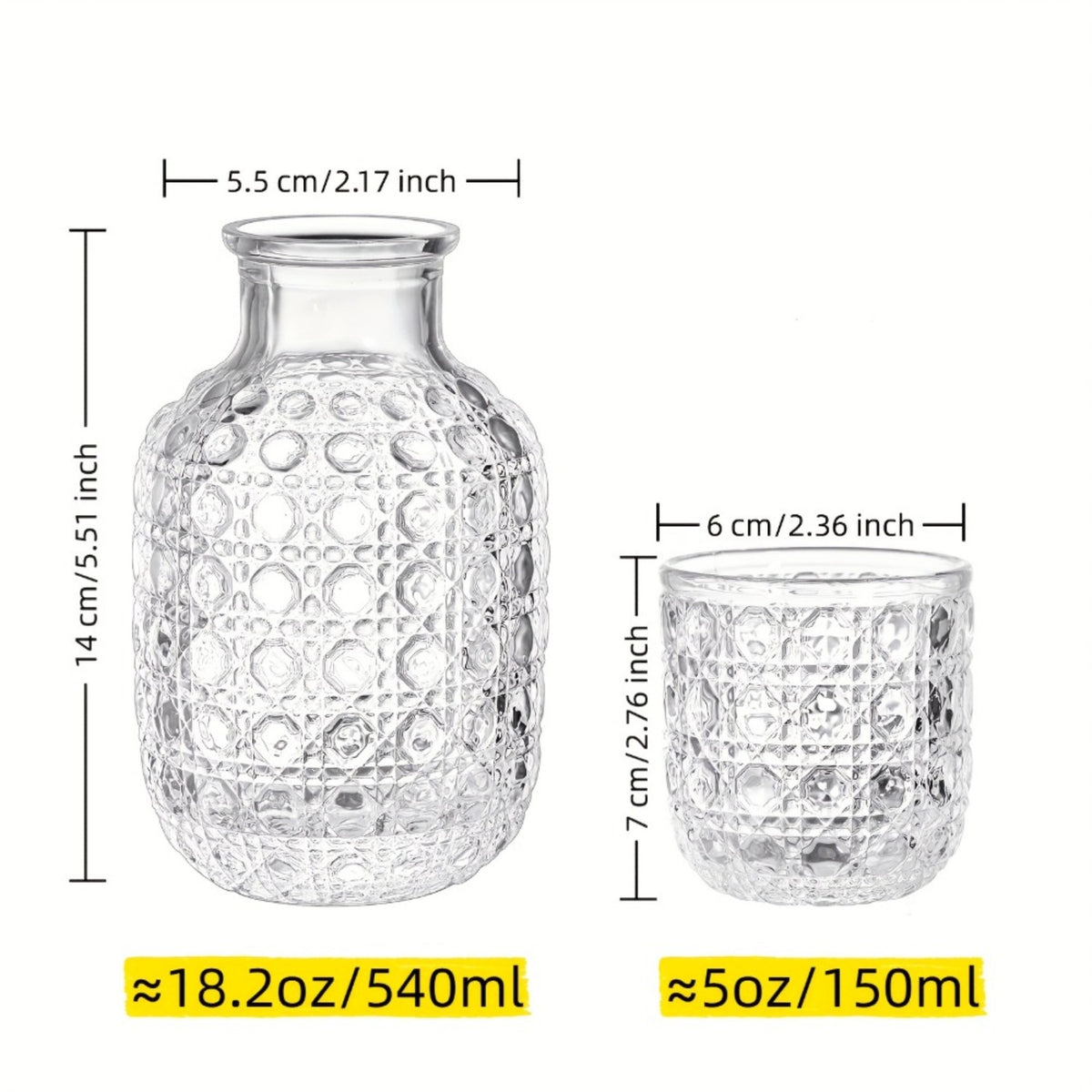 Glass Carafe Bedside Water Set with Cup - Modern Transparent Quartz Glass Kettle & Mouthwash Decanter for Bedroom Nightstand, Night Drink Pitcher, Valentine's Day Home Gift, Ice Pattern & Sunflower