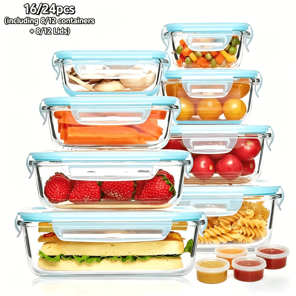 Glass Food Storage Containers Set with Lids - Airtight Meal Prep Containers, Microwave Oven Freezer Safe, BPA Free, Perfect for Lunch Salad Fruit Leftovers - 16pc or 24pc Sets