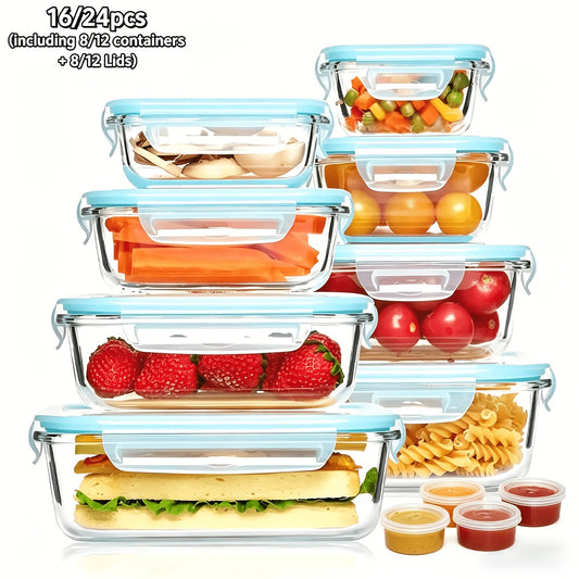 Glass Food Storage Containers Set with Lids - Airtight Meal Prep Containers, Microwave Oven Freezer Safe, BPA Free, Perfect for Lunch Salad Fruit Leftovers - 16pc or 24pc Sets